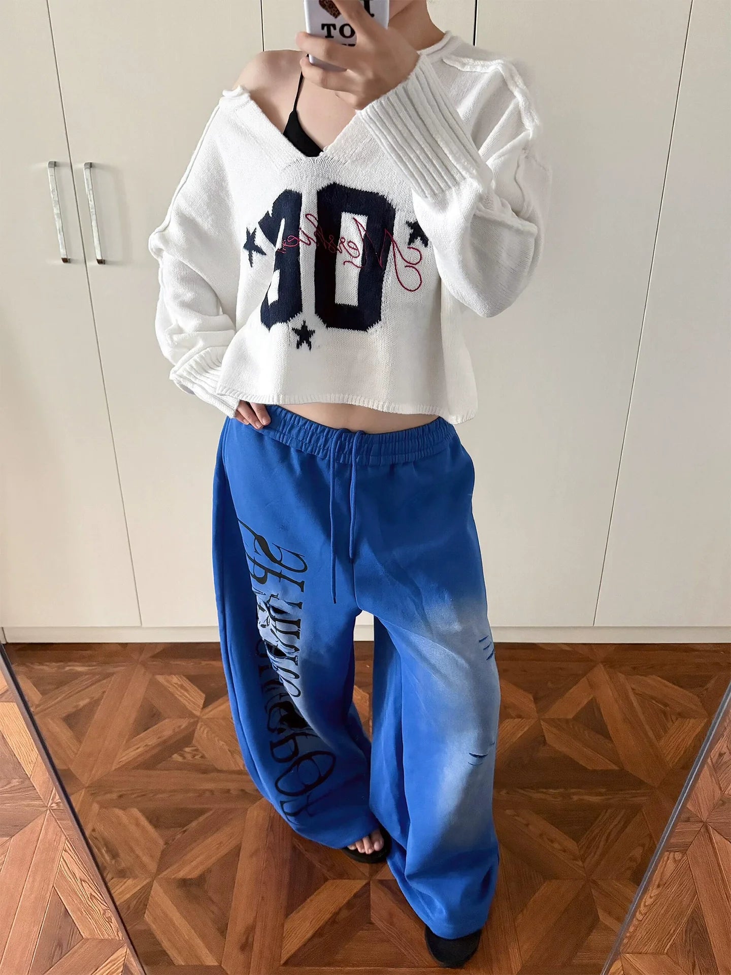 Retro V Neck Numeric Print Knit Top Y2K Sweater