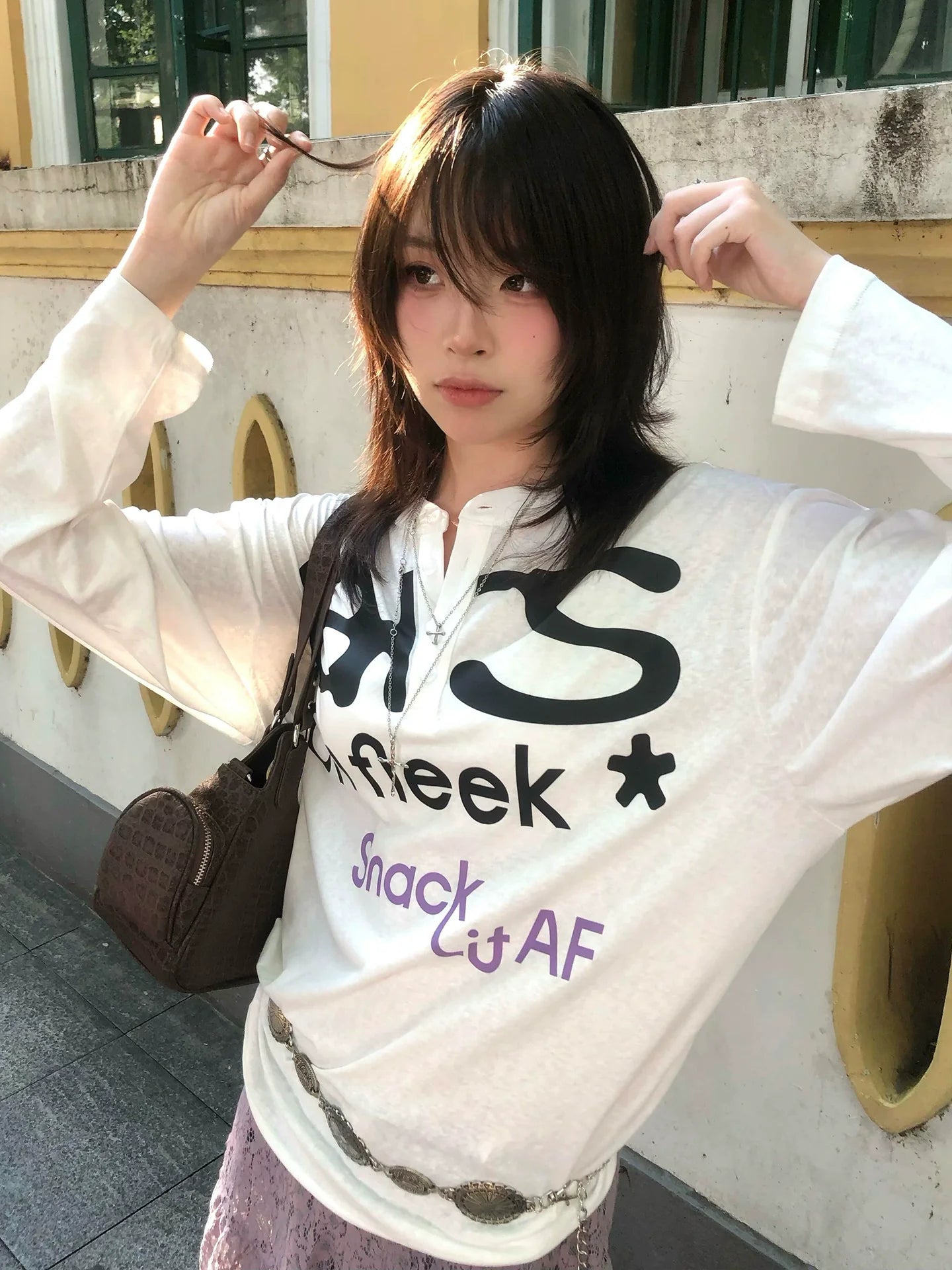 Retro White Henley Long Sleeve Tee