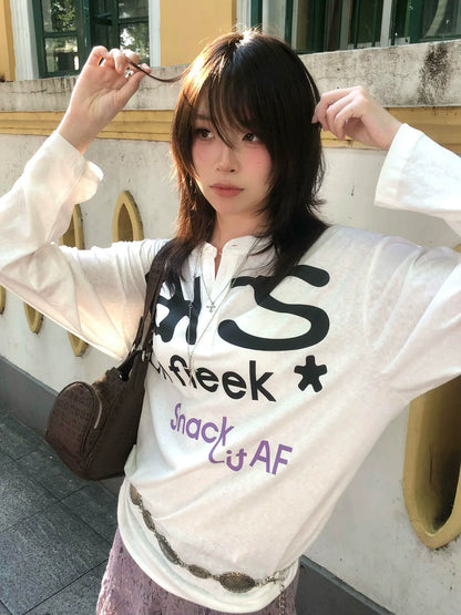 Retro White Henley Long Sleeve Tee