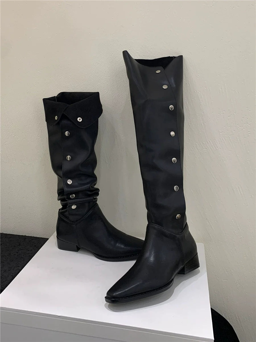 Versatile Fall Winter Foldable Slouchy Suede Chunky Heel Western Cowboy Knee High Women's Boots