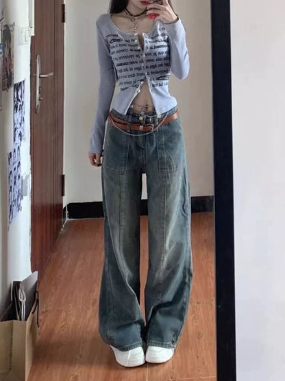 Gray Letter Print Light Subculture Y2K E-girl American Retro Long Sleeve Top