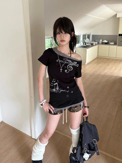 Music Purple Wave Fake Two-Piece Subculture Y2K E-girl Light Subculture American Retro Print Short Sleeve Top