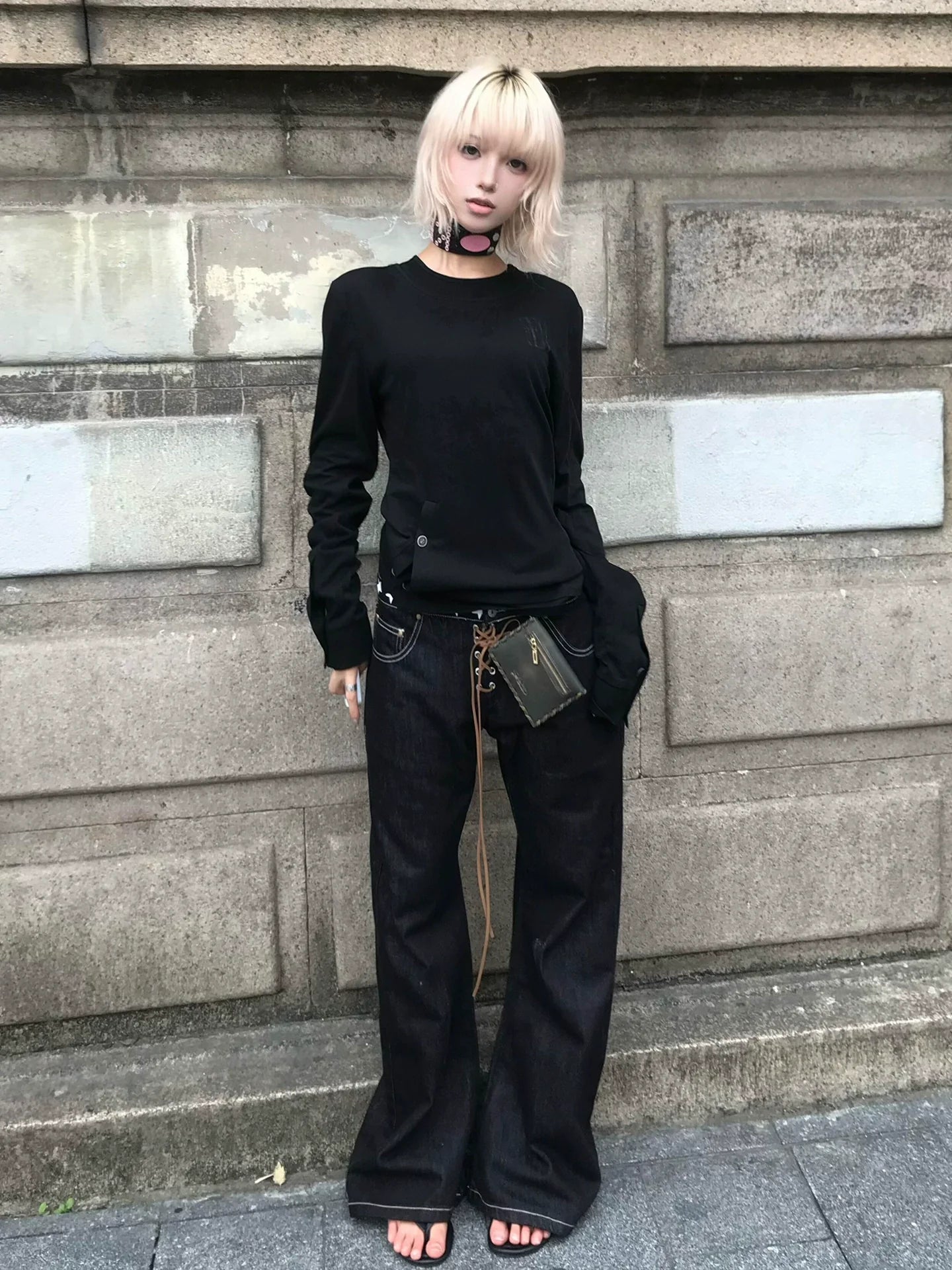 Y2K Subculture Black Long Sleeve Tee Fitted Layered Visual Kei Top