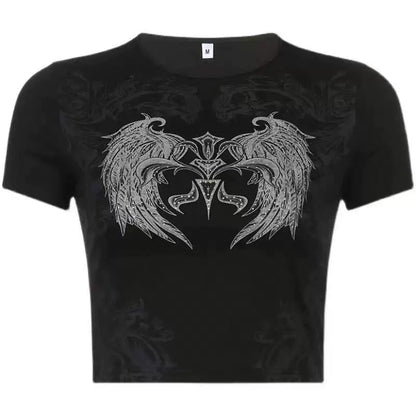Black Punk Y2K E-girl Geometric Wing Print Slim-Fit Short Sleeve Top