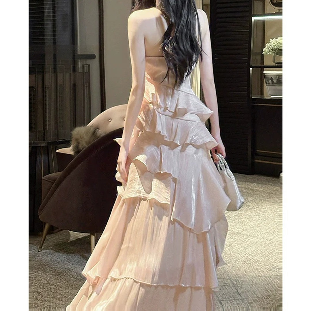 French Pink Halter Ruffle Gown Dress