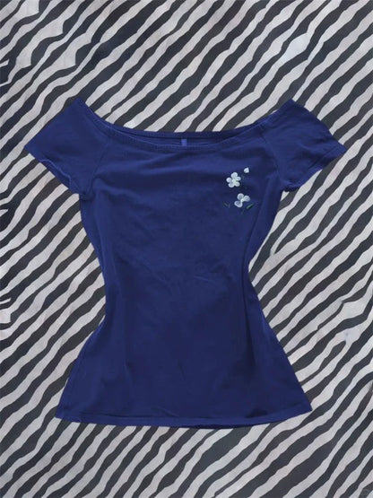 Blue American Vintage Floral Print Off-The-Shoulder Y2K T-Shirt