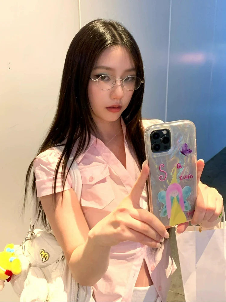 Korean Fitted Pink Short Sleeve Shirt Slim Waist Feminine Blouse