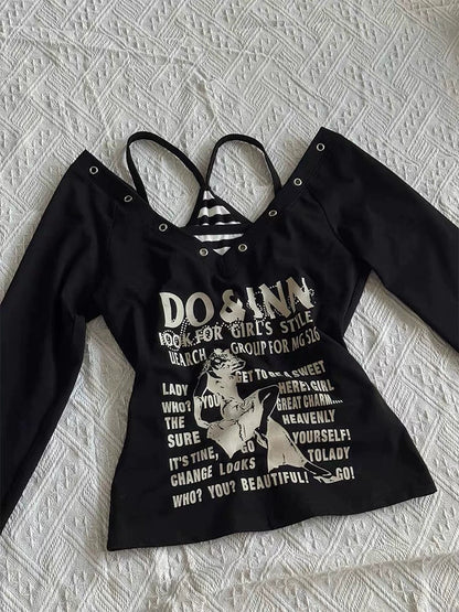 Black Long-Sleeve and Stripe Camisole Y2K Two Pieces Sets