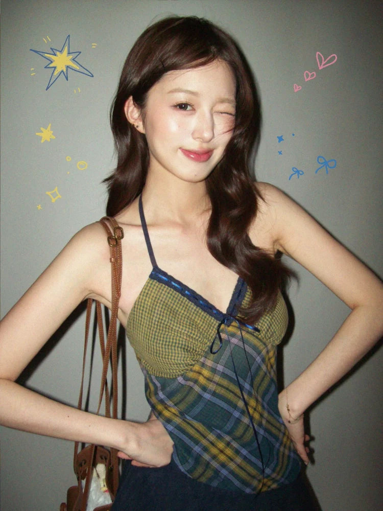 Retro Plaid V-Neck Halter Backless Mini Dress