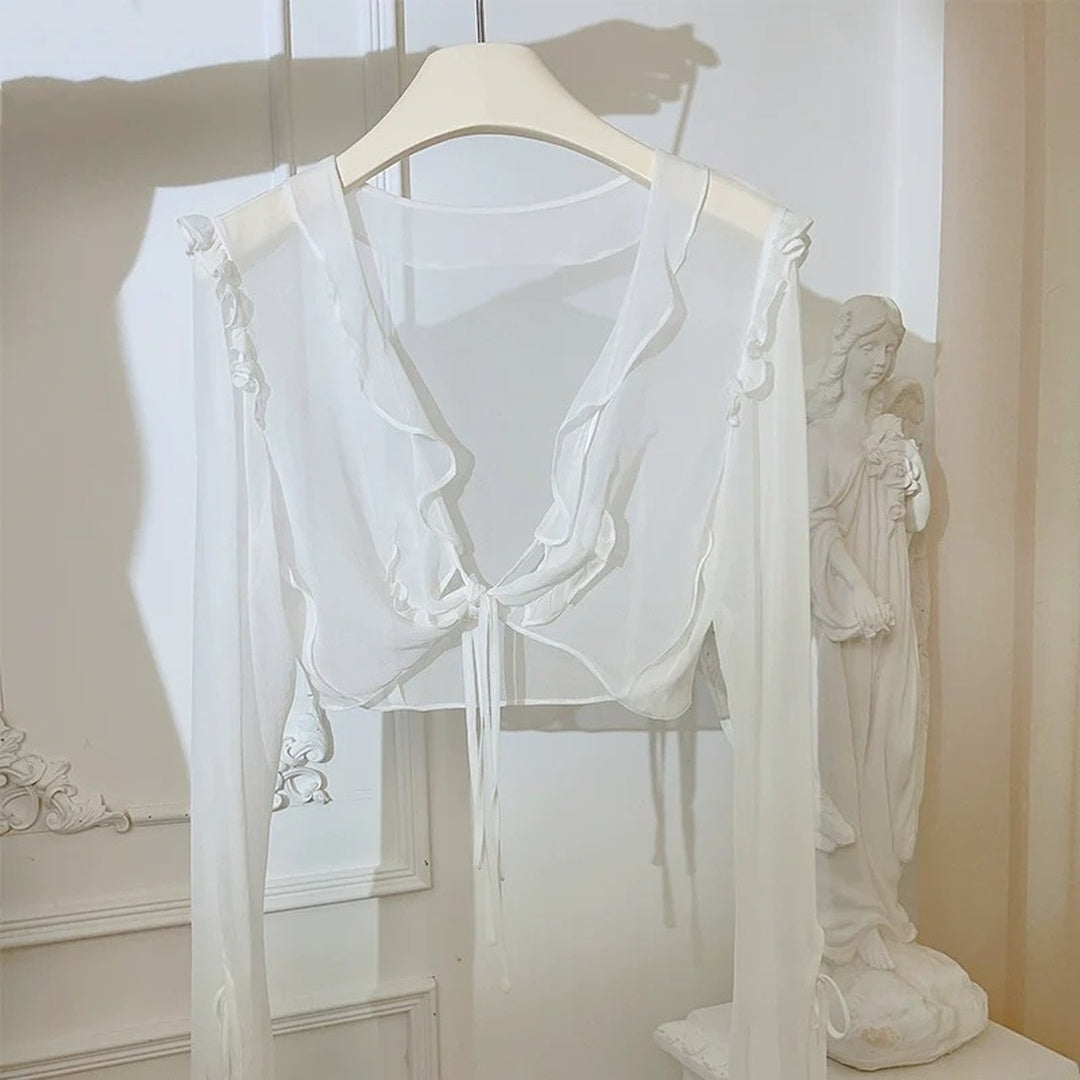 White Silk Summer Ruffle Cardigan – Lightweight Long Sleeve Top