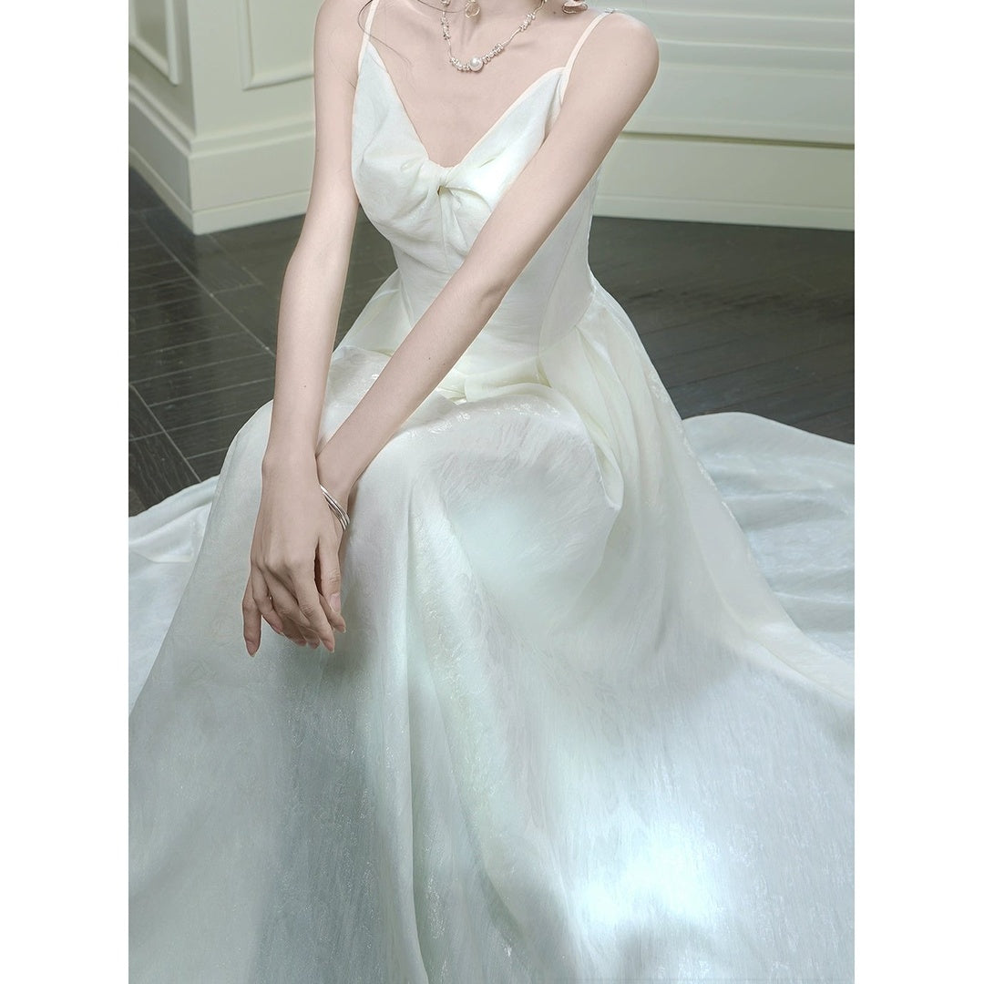 French White Floral Chiffon Halter Gown Dress