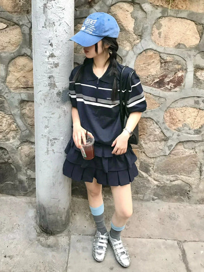 Striped Polo Tee with Puff Sleeves Loose Half-Zip Crop Top