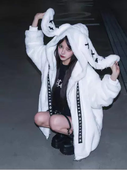 Harajuku Cute Bunny Ear Faux Fur Coat