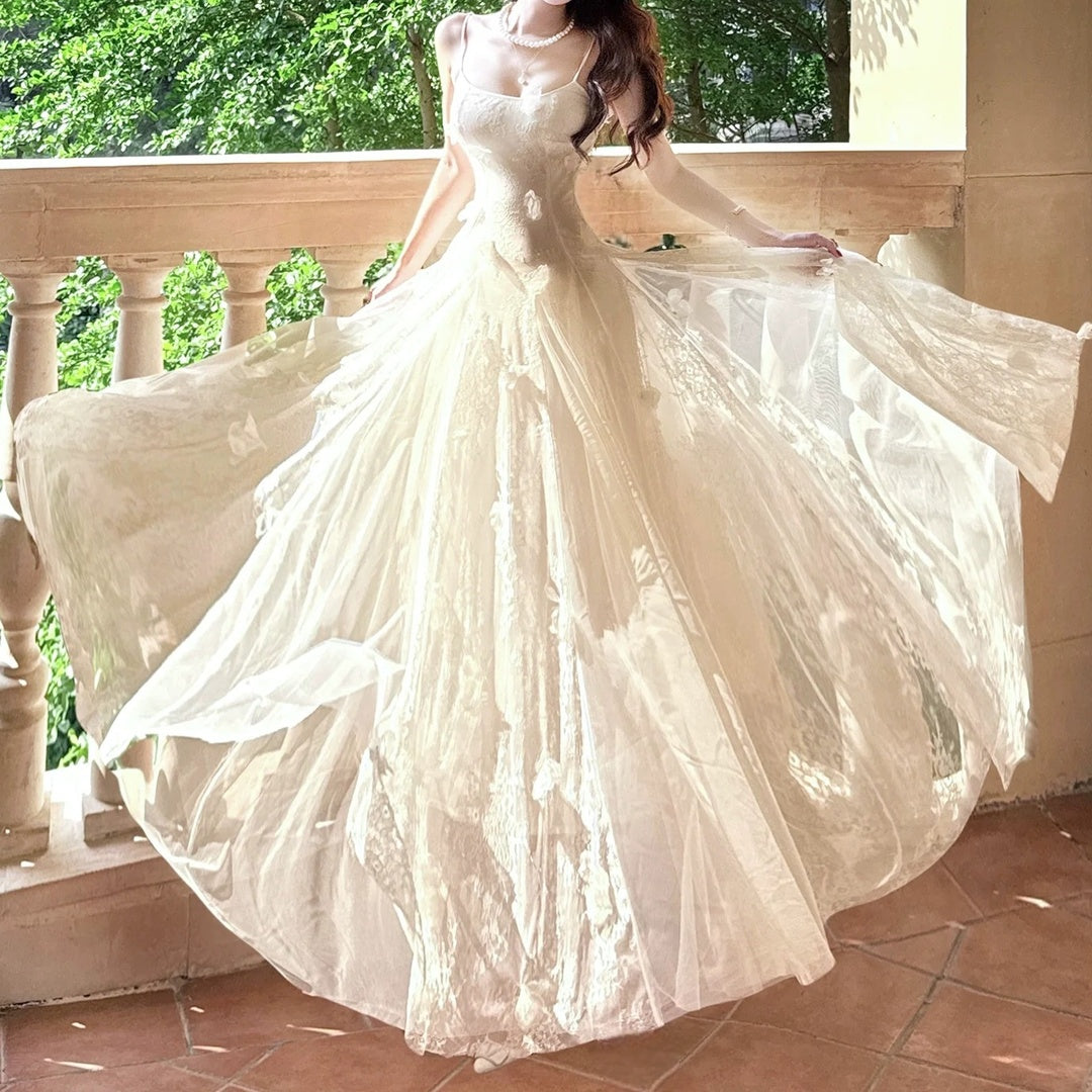 French Lace Floral Tulle Spaghetti Strap Gown Dress