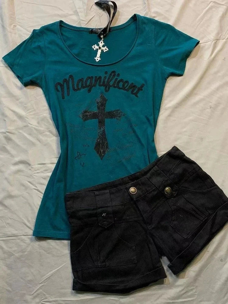 Dark Blue American Vintage Cross Print Y2K T-Shirt