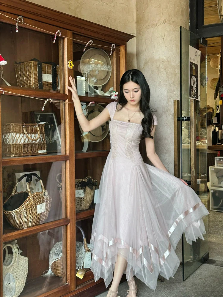 Smoky Pink Handcrafted Mesh-Lace Maxi Dress With Ribbons