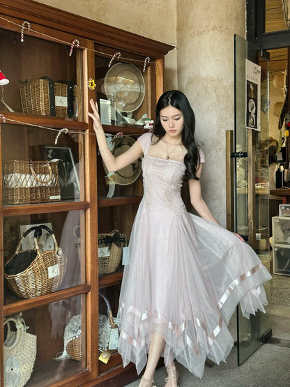 Smoky Pink Handcrafted Mesh-Lace Maxi Dress With Ribbons