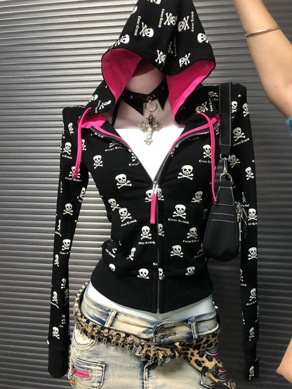 Black Thin Gothic Skull Hoodie Y2K Hoodie
