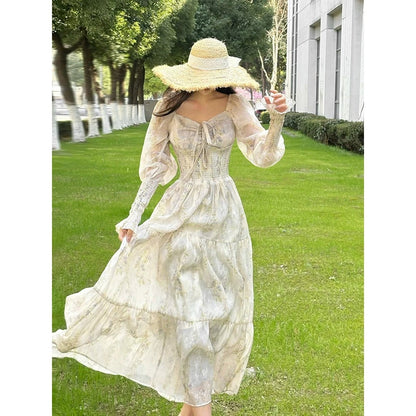 French Printed Puff Sleeve Resort Gown Dress