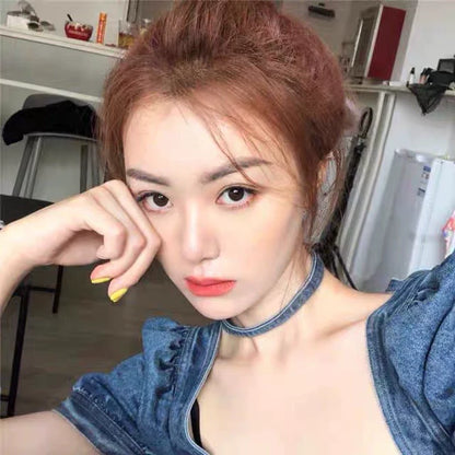 Dark Blue Design Niche Tie Retro Square-Neck Y2K Denim Shirt