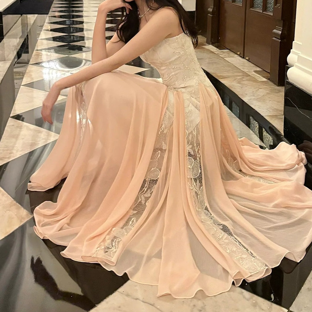 French Lace Embroidered Mesh Gown Dress