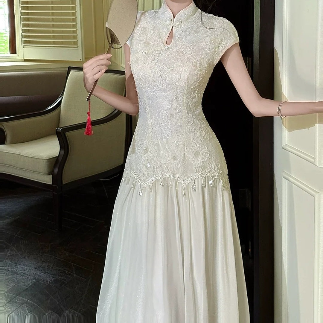 Chinese Mesh Sequin Lace Cheongsam Gown Dress