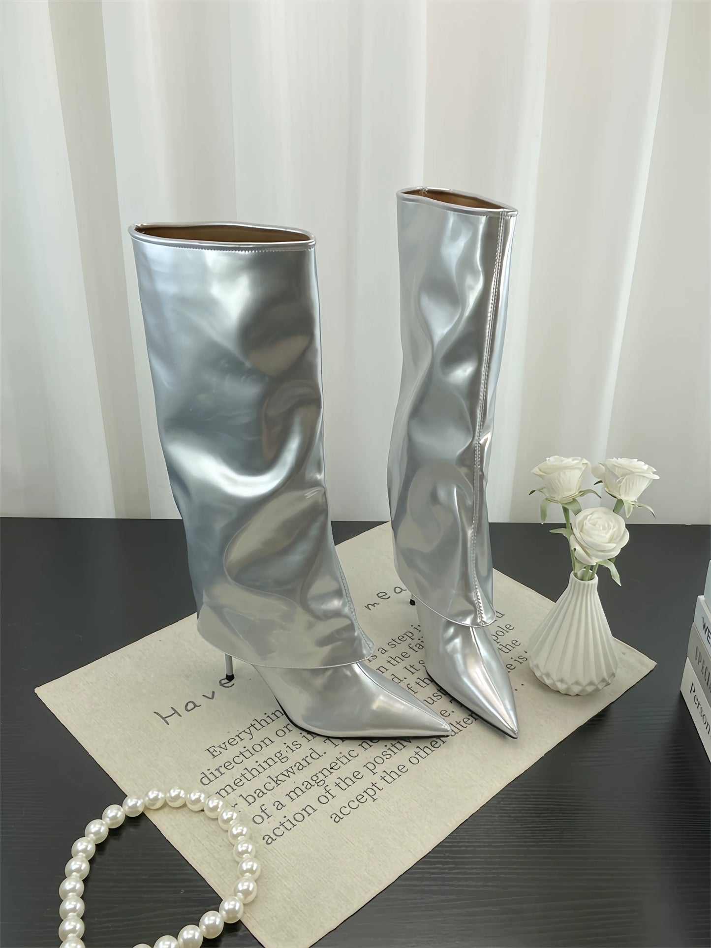 Fall Winter New European Sexy Red Patent Leather Knee High Thin Heel Luxury Pointed Toe Fashion Trouser Boots