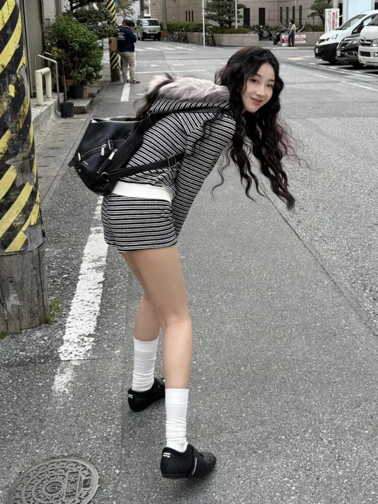 Striped Fur Collar Zip Up Hoodie Slim Fit Streetwear Top