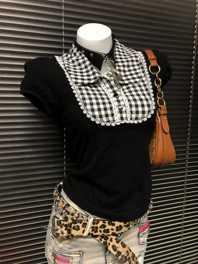 Plaid Fake Two-Piece Slim Y2K T-Shirt