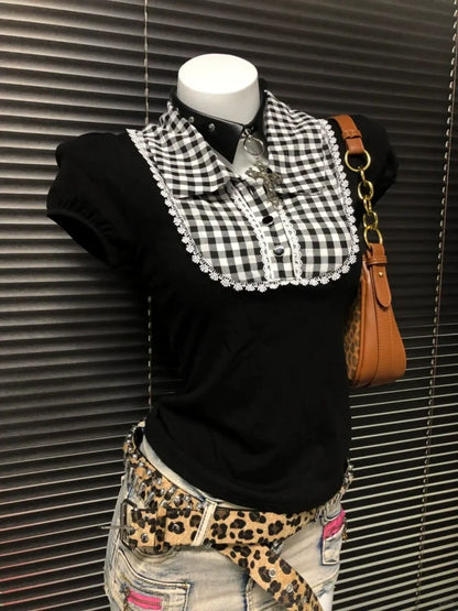 Plaid Fake Two-Piece Slim Y2K T-Shirt