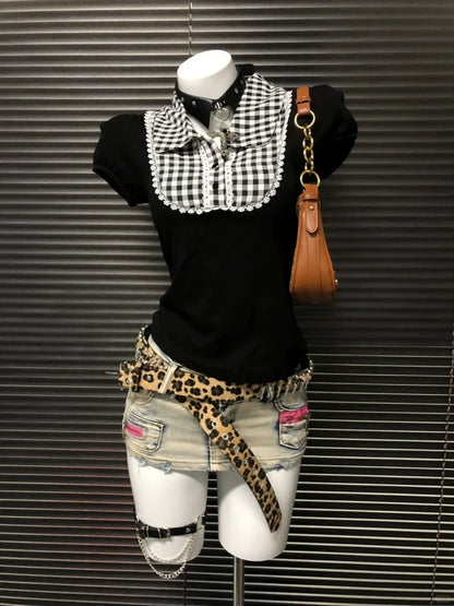 Plaid Fake Two-Piece Slim Y2K T-Shirt