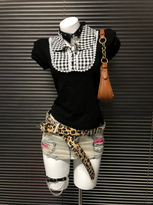 Plaid Fake Two-Piece Slim Y2K T-Shirt