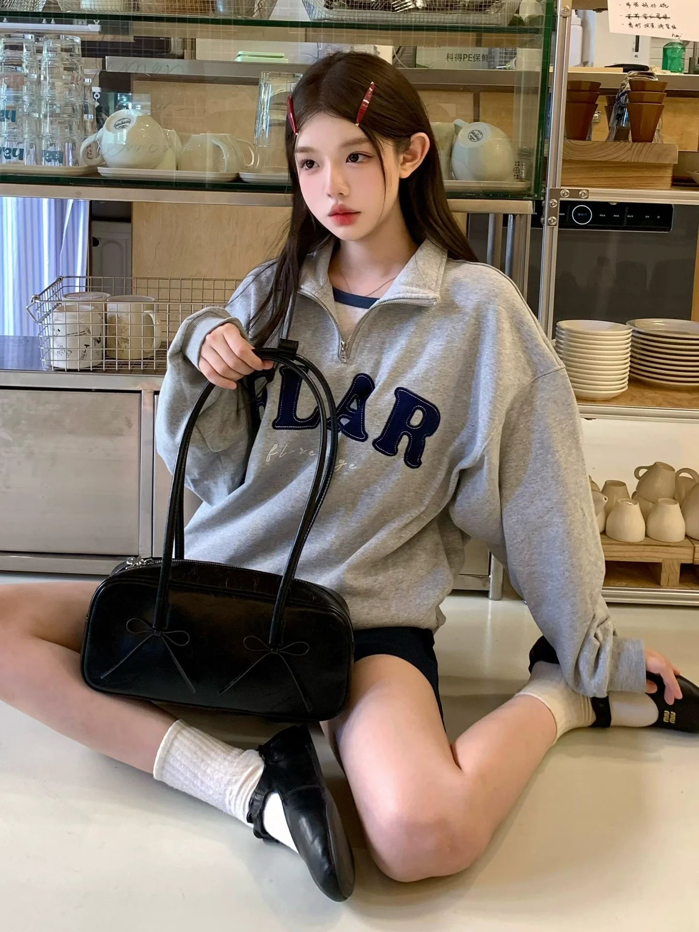 Korean Flocked Embroidery Polo Sweatshirt Heavy Half-Zip Fleece Jacket