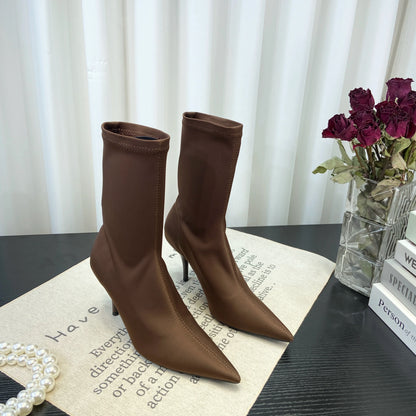 European Sexy High Heel Slim Boots Spring Autumn Colorful Mid Calf Sock Boots Pointed Toe Thin Heel Stretchy Boots Women