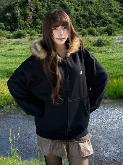 American Vintage Fur Hoodie Jacket Autumn-Winter Warm Zip-Up Sweatshirt Loose Fit