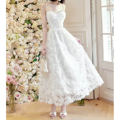 French Rose Lace Embroidered Spaghetti Strap Mermaid Gown Dress