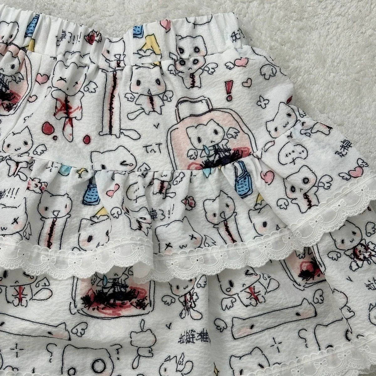 Zip & Cat Print Puff Cake Skirt Subculture Y2K E-girl Anime Cute High-Waisted A-line Fluffy Skirt