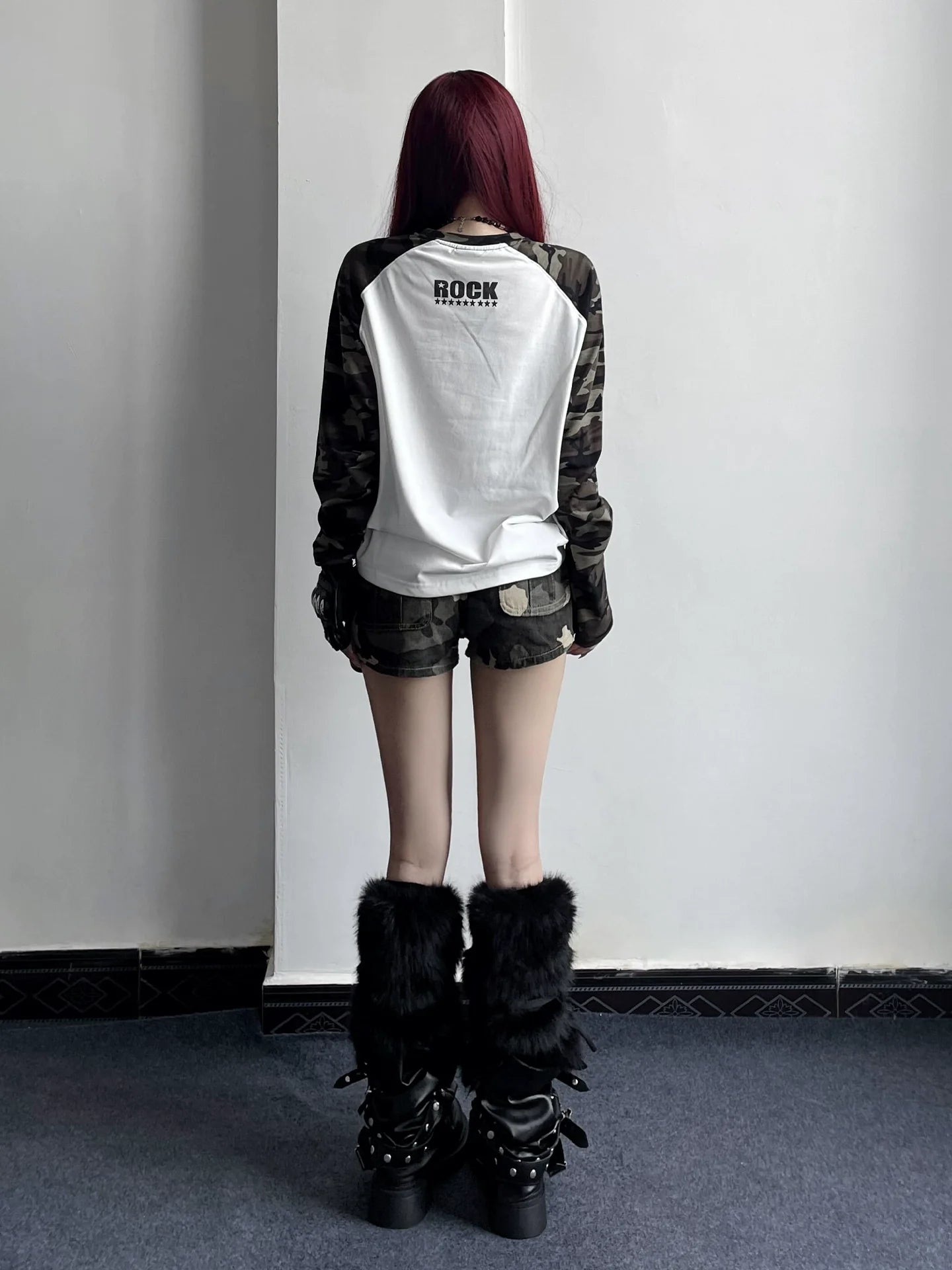 Visual Kei Camo Skull Long Sleeve Tee Autumn Raglan Sleeve Loose Base Top