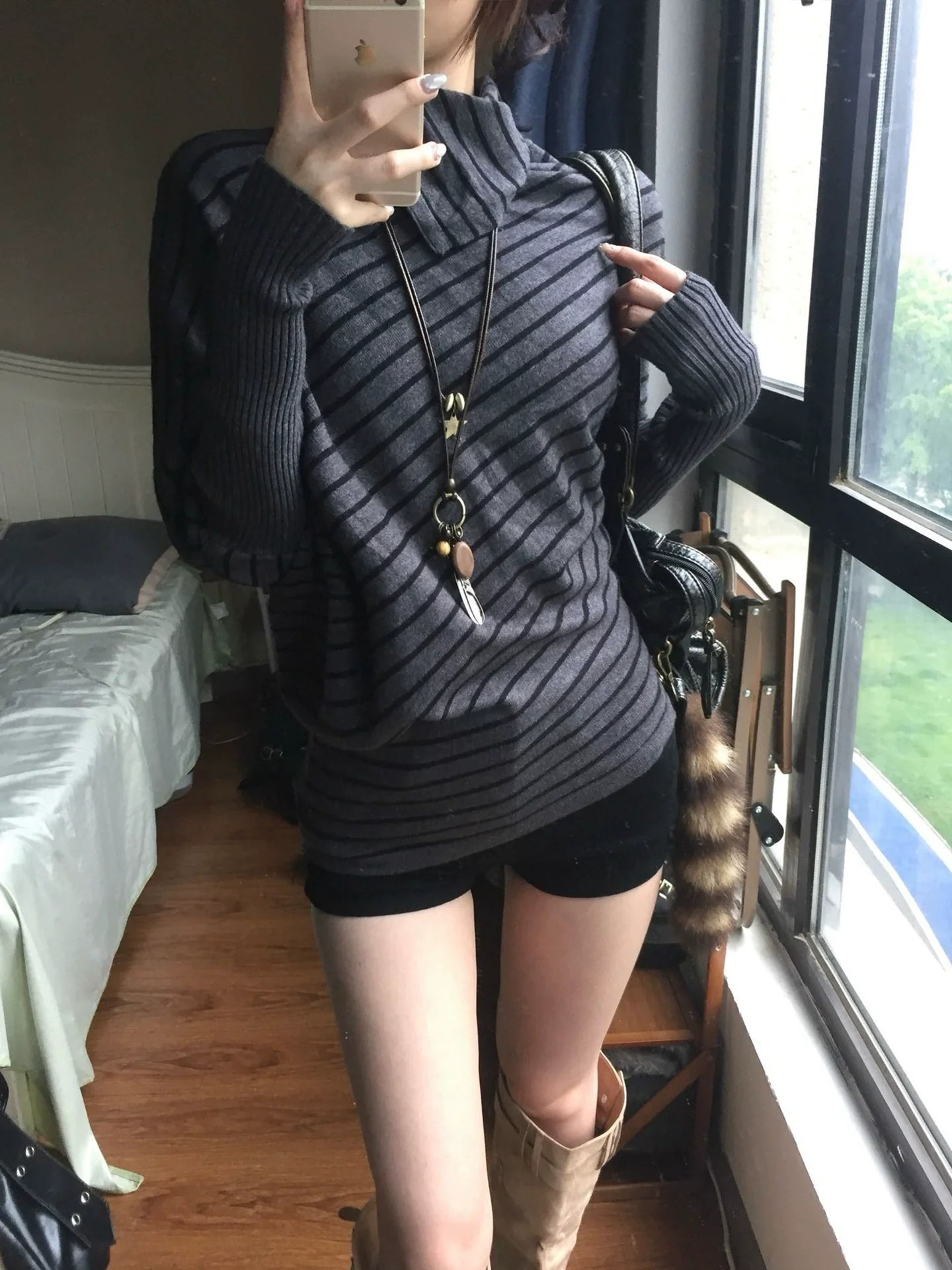 Vintage Gray Stripe Batwing Turtleneck Sweater Slim Waist Top