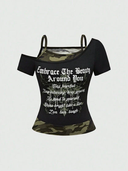 Black Camo Subculture Y2K E-girl American Retro Fake Two-Piece Short Sleeve Top