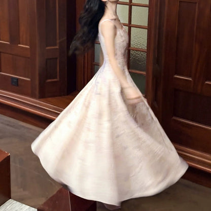 French Princess Floral Square Neck Spaghetti Strap Gown Dress