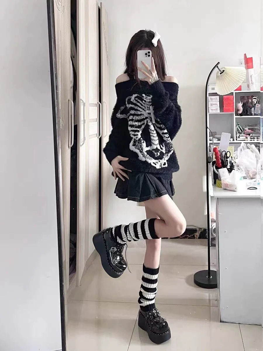 Black Y2K Punk Mink Fur Off-The-Shoulder Mid-Length Sweater