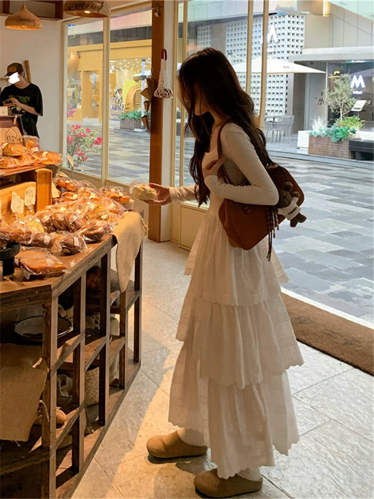 White Open-Back Ballet-Inspired Tiered Midi Dress