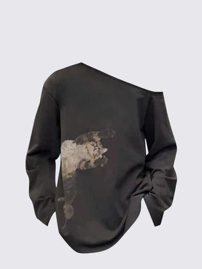 Cat Print Off Shoulder Sweatshirt Women