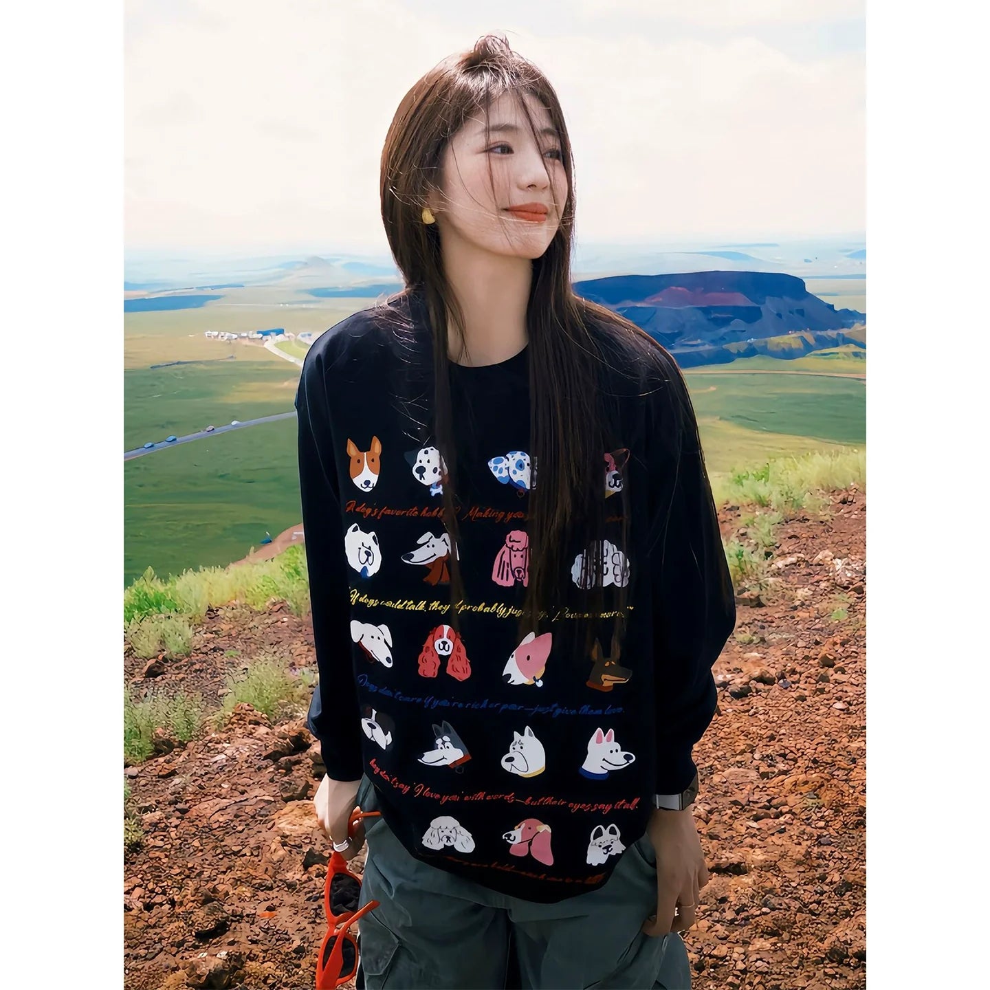 Korean Black Long Sleeve Tee Cute Puppy Print Relaxed Top