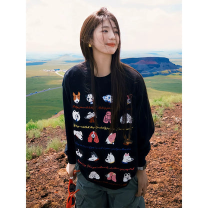 Korean Black Long Sleeve Tee Cute Puppy Print Relaxed Top