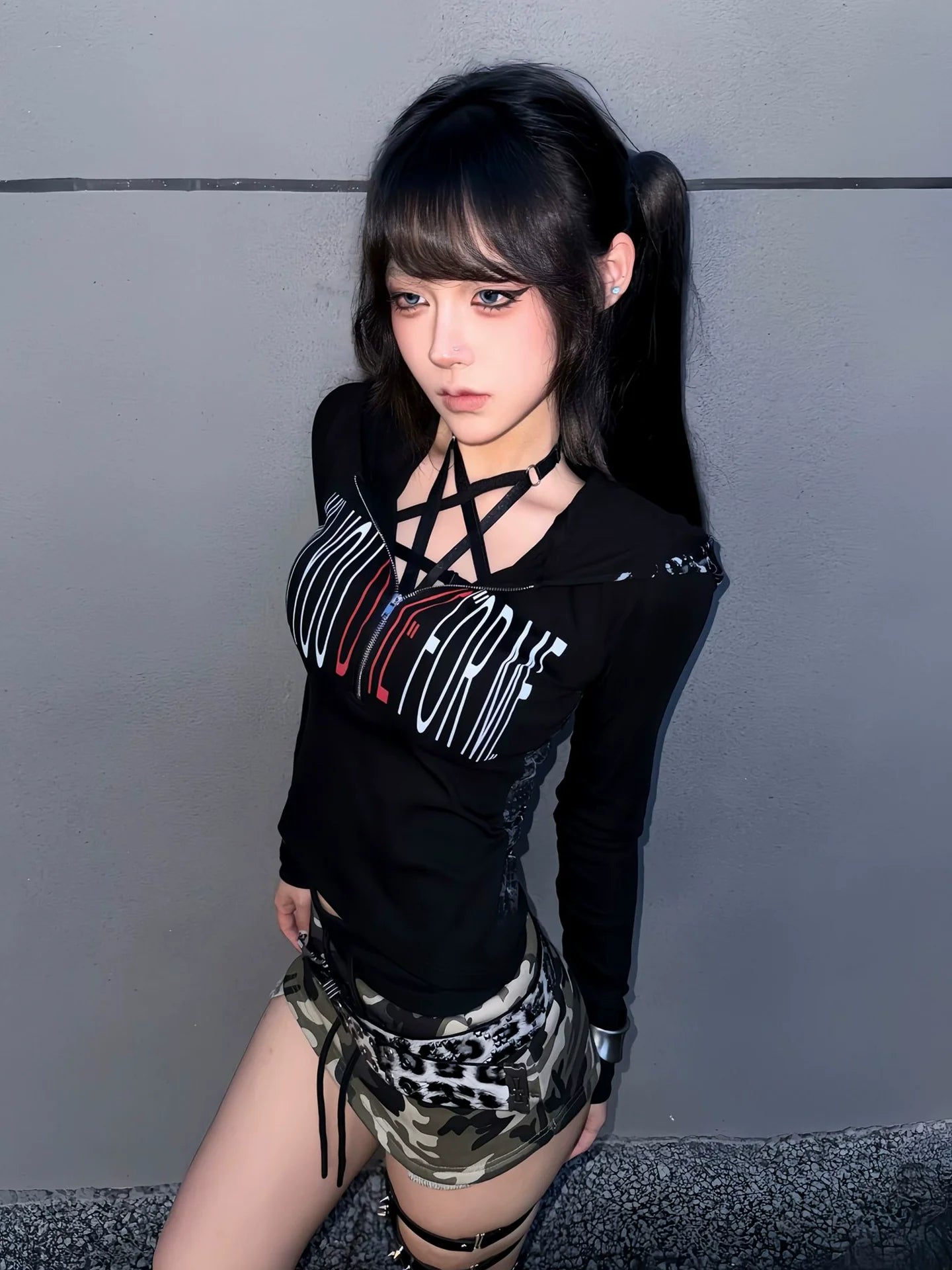 Subculture Snake Print Crop Hoodie Visual Kei Fitted Long Sleeve Top