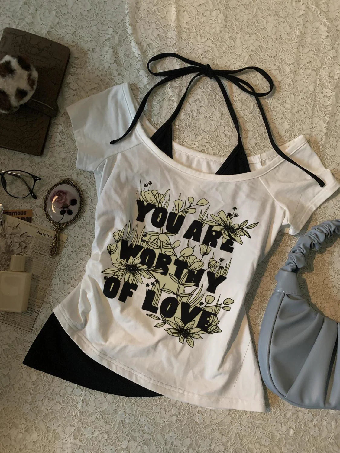 White Vintage Print Halter Fake Two-Piece Y2K T-Shirt