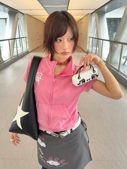 Y2K Stand Collar Short Sleeve Crop Cardigan Layered T Shirt Top