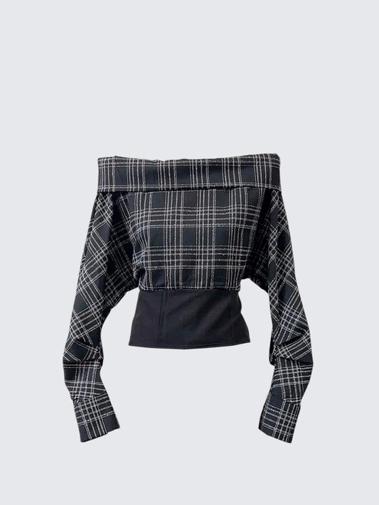 Plaid Off Shoulder Contrast Tee Women
